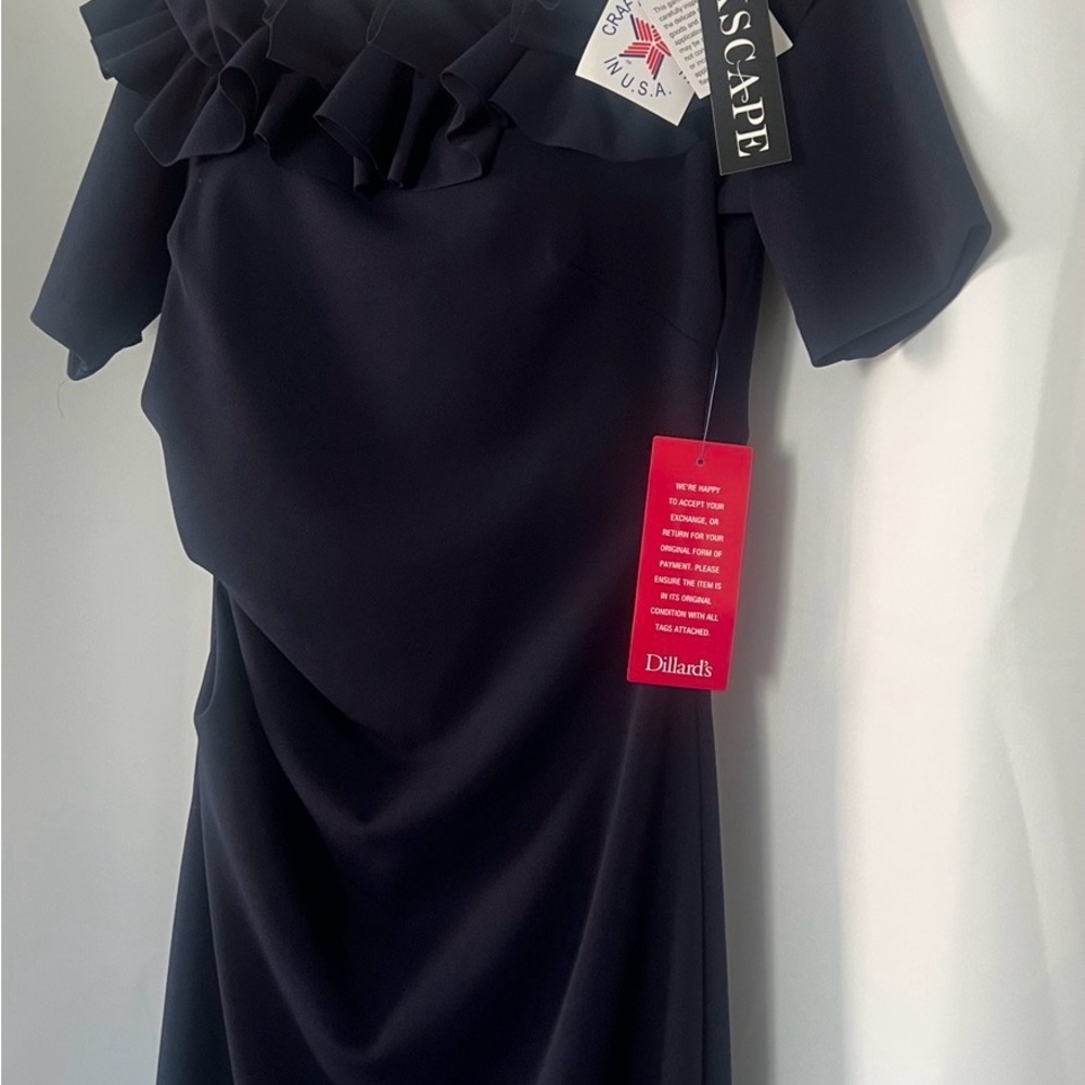 NWT Dillards Xscape Ruffle Navy Off-Shoulder Maxi Dress Gown size 12 - Picture 3 of 11